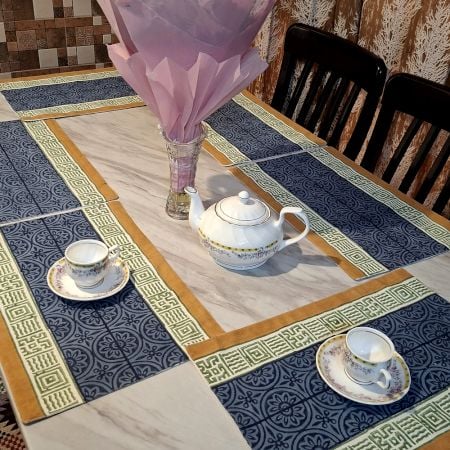 Blue Geometric Handmade Canvas Fabric Table Mats Set